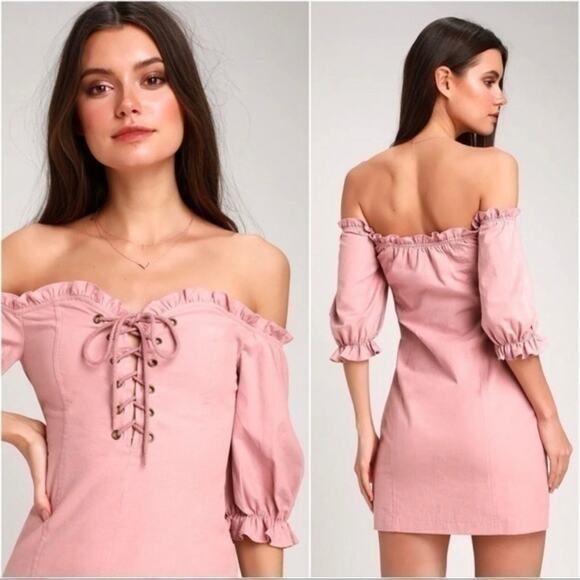 Lulus Pink Off Shoulder Lace-Up Puff Sleeve Mini Dress Sz M Romantic Cottagecore - Picture 1 of 12